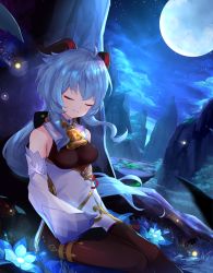 Rule 34 | 1girl, aqua hair, bare shoulders, bell, black legwear, bodysuit, brown bodysuit, closed eyes, cloud, cloudy sky, collar, commentary request, detached collar, detached sleeves, flower, ganyu (genshin impact), genshin impact, highres, horns, long hair, moon, nature, neck bell, night, on ground, outdoors, poumi, sitting, sky, sleeping, sleeves past fingers, sleeves past wrists, smile, solo, star (sky), starry sky, white collar