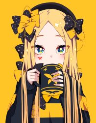 Rule 34 | 1girl, abigail williams (fate), black bow, black hat, black sweater, blonde hair, blue eyes, blush, bow, butterfly tattoo, coffee mug, cup, drinking, fate/grand order, fate (series), forehead, hair bow, hat, highres, keyhole, long hair, long sleeves, looking at viewer, mug, multiple bows, nail polish, parted bangs, polka dot, polka dot bow, simple background, solo, sparkle, striped clothes, striped sweater, sweater, symbol-shaped pupils, tattoo, tyureu, yellow background, yellow bow, yellow nails
