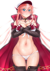 Rule 34 | 1girl, absurdres, anchor choker, azur lane, bare shoulders, bikini, black cape, black choker, black sleeves, blue eyes, blush, breasts, cape, choker, cleavage, closed mouth, clothes pull, collarbone, commentary request, covering breasts, covering privates, cowboy shot, detached sleeves, eesuke (shin1athke), flat cap, front-tie bikini top, front-tie top, gloves, groin, hair between eyes, hat, highres, large breasts, long hair, looking at viewer, multicolored hair, navel, nose blush, panties, pants, pants pull, pink hair, ranger (azur lane), red cape, red gloves, retrofit (azur lane), sidelocks, simple background, skindentation, solo, standing, steam, stomach, streaked hair, swimsuit, thigh gap, tight clothes, tight pants, two-tone cape, underboob, underwear, white background, white bikini, white hat, white panties
