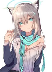 Rule 34 | 1girl, absurdres, animal ear fluff, animal ears, blue archive, blue eyes, blue jacket, blue necktie, blue scarf, breast pocket, breasts, cat ears, cleavage, cross hair ornament, grey hair, hair between eyes, hair ornament, halo, hand up, highres, jacket, long hair, looking at viewer, medium breasts, mismatched pupils, mugicho (kdks5554), necktie, open clothes, open jacket, pocket, scarf, school uniform, shiroko (blue archive), shirt, shirt tucked in, simple background, solo, striped clothes, striped scarf, undone necktie, white background, white shirt