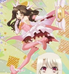 Rule 34 | ;d, blush, boots, brown hair, fate/kaleid liner prisma illya, fate (series), green eyes, highres, illyasviel von einzbern, long hair, magical girl, one eye closed, open mouth, prisma illya, red eyes, screencap, smile, sparkle, thigh boots, thighhighs, tohsaka rin, two side up, wand, white hair