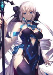 Rule 34 | 1girl, absurdres, black bow, black dress, black footwear, blue eyes, boots, bow, braid, breasts, center opening, cleavage, dress, fate/grand order, fate (series), french braid, grey hair, hair bow, highres, large breasts, long hair, long sleeves, looking at viewer, morgan le fay (fate), nakanishi tatsuya, pelvic curtain, ponytail, sidelocks, solo, thigh boots, thighhighs, thighs, two-tone dress, very long hair, white dress, wide sleeves