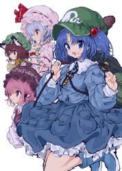 Rule 34 | 4girls, absurdres, animal ears, backpack, bag, blue eyes, blue hair, blush, boots, brown hair, cat ears, chen, earrings, frilled skirt, frills, hair bobbles, hair ornament, hat, highres, jewelry, kawashiro nitori, key, long sleeves, looking at viewer, mob cap, mugi (mugimugi 9kv), multiple girls, mystia lorelei, open mouth, pink eyes, pink hair, pointy ears, profile, remilia scarlet, short hair, skirt, skirt pocket, smile, touhou, twintails, wrist cuffs