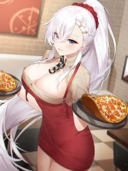 Rule 34 | 1girl, :d, absurdres, apron, azur lane, bad id, bad pixiv id, belfast (azur lane), belfast (piping-hot perfection) (azur lane), blush, braid, breasts, brown shirt, chain, checkered floor, cleavage, collar, collared shirt, cowboy shot, earrings, food, hair between eyes, hair ornament, hairclip, high ponytail, highres, holding, holding tray, huge filesize, indoors, jewelry, large breasts, long hair, looking at viewer, meoyo, open mouth, pizza, purple eyes, red apron, restaurant, shirt, short sleeves, silver hair, smile, solo, tray, very long hair