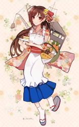 Rule 34 | 1girl, alternate costume, apron, brown hair, cake, carrot, commentary request, floral background, floral print, food, frilled apron, frills, full body, geta, hair ornament, hair ribbon, hairclip, japanese clothes, kantai collection, kimono, kocona, long hair, machinery, mamiya (kancolle), mushroom, one-hour drawing challenge, onion, ponytail, pot, potato, print kimono, red eyes, ribbon, sandals, socks, solo, tabi, white apron, white socks