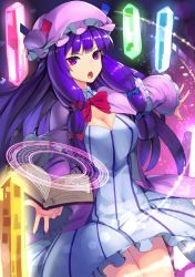 Rule 34 | 1girl, blue bow, book, bow, breasts, capelet, cleavage, cowboy shot, crystal, dress, hair bow, hat, highres, large breasts, long hair, looking at viewer, magic circle, mob cap, open mouth, patchouli knowledge, purple eyes, purple hair, red bow, scottie (phantom2), solo, striped clothes, striped dress, touhou