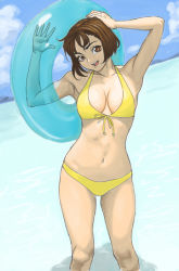 Rule 34 | 1girl, :d, armpits, arms up, bad id, bad pixiv id, beach, bikini, breasts, brown hair, cleavage, cloud, day, front-tie top, ibanen, innertube, large breasts, looking at viewer, navel, ocean, open mouth, original, outdoors, see-through, short hair, sky, smile, solo, swim ring, swimsuit, wading, water, yellow bikini