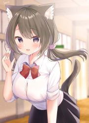 Rule 34 | 1girl, animal ear fluff, animal ears, artist name, black skirt, blush, bow, bowtie, breasts, brown hair, cat ears, cat girl, cat tail, collared shirt, hair ornament, hamico, hand up, highres, indoors, large breasts, long hair, looking at viewer, open mouth, original, purple eyes, red bow, red bowtie, school uniform, shirt, skirt, sleeves rolled up, smile, solo, tail, twintails, white shirt