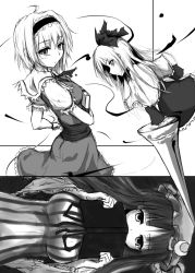 Rule 34 | 3girls, alice margatroid, bad id, bad pixiv id, book, breasts, capelet, collage, female focus, greyscale, hair ribbon, hairband, hat, hourai doll, lance, large breasts, long hair, monochrome, multiple girls, patchouli knowledge, polearm, ribbon, short hair, striped, touhou, weapon, yasojima nejiro