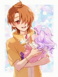 1boy 1girl :d age_difference baby bracelet brown_hair carrying carrying_person dress ellee-chan eye_contact floating_hair green_eyes hair_over_one_eye height_difference highres hirogaru_sky!_precure holding jacket jewelry lanzhu long_hair looking_at_another open_mouth pink_dress precure profile purple_hair purple_socks red_eyes short_hair short_sleeves smile socks yellow_jacket yuunagi_tsubasa