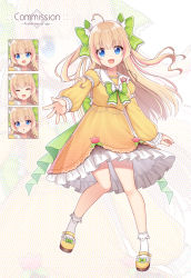 Rule 34 | 1girl, :d, ^ ^, ahoge, blue eyes, bow, closed eyes, commentary request, commission, copyright request, dress, english text, expressions, closed eyes, full body, green bow, hair bow, highres, hitsuki rei, light brown hair, long hair, looking at viewer, open mouth, puffy short sleeves, puffy sleeves, sailor collar, sailor dress, shoes, short sleeves, smile, socks, two side up, very long hair, virtual youtuber, white legwear, white sailor collar, yellow dress, yellow footwear