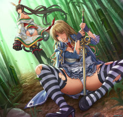 Rule 34 | 2girls, :p, alicia (queen&#039;s blade), ass, black legwear, blue eyes, blush, breasts, brown eyes, brown hair, cleavage, gauntlets, highres, japanese clothes, kaguya (queen&#039;s blade), large breasts, long hair, multiple girls, panties, queen&#039;s blade, queen&#039;s blade grimoire, speh, striped clothes, striped legwear, striped thighhighs, swimsuit, thighhighs, thighs, tongue, tongue out, torn clothes, twintails, underwear, very long hair, white legwear, white panties
