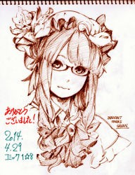 Rule 34 | 1girl, 2014, artist name, bad id, bad pixiv id, bespectacled, bow, braid, dated, flower, glasses, hat, long hair, looking at viewer, monochrome, patchouli knowledge, savan, sketch, solo, thank you, touhou, traditional media, twintails