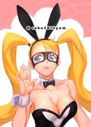 Rule 34 | 1girl, alternate costume, animal ears, bare shoulders, black bow, black bowtie, blue eyes, bow, bowtie, breasts, cleavage, commentary request, detached collar, facing viewer, fake animal ears, highres, large breasts, leotard, lips, long hair, playboy bunny, rabbit ears, rainbow mika, solo, street fighter, tombsakura, twintails, twitter username, very long hair, waving, wrestling mask, wrist cuffs