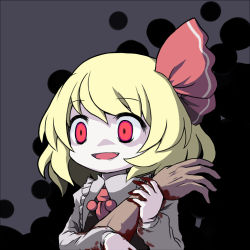 Rule 34 | 1girl, :d, aratami isse, blonde hair, blood, blood on clothes, blood on hands, blood stain, blouse, darkness, evil smile, fang, hair ribbon, open mouth, red eyes, ribbon, rumia, shirt, short hair, smile, touhou, vest