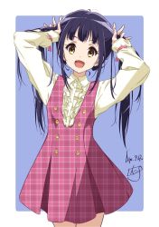Rule 34 | 1girl, :d, artist name, black hair, blue background, center frills, collared shirt, commentary, cowboy shot, dated, dress, frills, hands in hair, highres, long hair, long sleeves, looking at viewer, nii manabu, open mouth, original, outside border, pink dress, plaid, plaid dress, shirt, short dress, sidelocks, signature, smile, solo, standing, twintails, unmoving pattern, white shirt, wing collar, yellow eyes