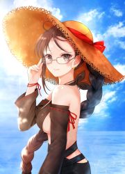 Rule 34 | 1girl, adjusting eyewear, bad id, bad pixiv id, bare shoulders, black dress, blue sky, blush, bow, braid, breasts, brown eyes, brown hair, brown hat, closed mouth, cloud, cloudy sky, commentary request, day, dress, fate/grand order, fate (series), glasses, grey-framed eyewear, hand up, hat, hat bow, heroic spirit festival outfit, horizon, long hair, long sleeves, looking at viewer, looking to the side, medium breasts, nasii, ocean, outdoors, red bow, revision, ribbon-trimmed sleeves, ribbon trim, sideboob, single braid, sky, smile, solo, straw hat, very long hair, water, wide sleeves, yu mei-ren (fate), yu mei-ren (festival outfit) (fate)
