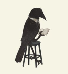 Rule 34 | absurdres, animal, animal focus, bird, black jacket, book, closed eyes, clothed animal, collared shirt, crow, grey vest, highres, holding, holding book, jacket, no humans, on stool, open book, original, shirt, simple background, sitting, solo, tono (rt0no), vest, white background, white shirt