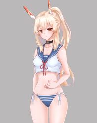 1girl absurdres arm_behind_back ayanami_(azur_lane) azur_lane bikini black_choker blonde_hair blue_bikini blush breasts choker closed_mouth commentary cowboy_shot grey_background hand_on_own_stomach head_tilt headgear highres light_frown long_hair looking_at_viewer medium_breasts mismatched_bikini navel neck_ribbon ponytail ptal red_eyes red_ribbon ribbon sailor_bikini sailor_collar side-tie_bikini_bottom sidelocks simple_background skindentation solo standing swimsuit thighs white_bikini