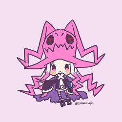 Rule 34 | black dress, blush stickers, book, chibi, dragon: marked for death, dress, extra mouth, hat, holding, holding book, long sleeves, multicolored hair, multiple heads, pink background, pink hair, pink hat, simple background, sleeves past fingers, sleeves past wrists, twitter username, two-tone hair, white hair, witch, witch (dmfd), zukoko rkgk