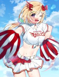 Rule 34 | ;d, aki rosenthal, baseball jersey, blonde hair, blue sky, bow, breasts, cheerleader, detached hair, hair bow, hair ornament, hairclip, highres, hololive, jersey, large breasts, long hair, low twintails, midriff, miniskirt, navel, nongttaeng, one eye closed, open mouth, parted bangs, pleated skirt, pom pom (cheerleading), purple eyes, shirt, skirt, sky, smile, solo, sweat, tied shirt, twintails, virtual youtuber, white skirt, x hair ornament