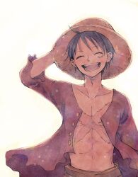 Rule 34 | 1boy, ^ ^, black hair, buttons, closed eyes, commentary request, cowboy shot, frilled sleeves, frills, hand on headwear, hat, highres, male focus, monkey d. luffy, nekochanko1, one piece, open clothes, open shirt, red shirt, scar, scar on chest, scar on face, shirt, short hair, simple background, solo, straw hat, white background