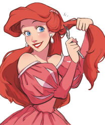 Rule 34 | 1girl, ariel (disney), blue eyes, dress, earrings, european clothes, fork, highres, holding, holding fork, jewelry, long hair, looking at viewer, pink dress, red hair, red lips, simple background, solo, teeth, the little mermaid, user wtwz3334, white background