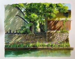 Rule 34 | building, canal, cobblestone, commentary request, dappled sunlight, day, flower, house, iris (flower), mixed-language commentary, nishikawa youichi, no humans, original, outdoors, pavement, purple flower, real world location, retaining wall, road, scenery, shiga prefecture, stairs, stone stairs, sunlight, tile roof, traditional media, tree, water