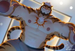 Rule 34 | 1boy, abs, absurdres, backlighting, bara, beard, blur censor, boxers, bulge, censored, chest tattoo, erection, erection under clothes, facial hair, feet out of frame, from behind, furry, furry male, glowing, glowing eyes, grey male underwear, highres, indoors, large pectorals, looking at viewer, male focus, male underwear, mature male, muscular, muscular male, navel, navel hair, nipples, original, outstretched arms, pectorals, pov, seductive smile, short hair, smile, solo, stomach, strongman waist, tattoo, thick eyebrows, thick thighs, thighs, tiger boy, topless male, underwear, weisun (leoooliooon)