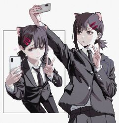 Rule 34 | 1girl, animal ears, black hair, black necktie, black suit, blush, bright pupils, chainsaw man, extra ears, formal, hair ornament, hairclip, higashiyama kobeni, highres, holding, holding phone, looking at phone, mole, mole under eye, mole under mouth, multiple moles, multiple views, necktie, phone, selfie, shiren (ourboy83), short ponytail, simple background, suit, taking picture, v, white background