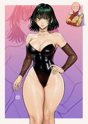Rule 34 | 1boy, 1girl, alternate costume, arm at side, armpits, bald, bare legs, bare shoulders, black leotard, bob cut, bracelet, breasts, cape, cleavage, collarbone, covered navel, curvy, dark green hair, detached sleeves, fubuki (one-punch man), gloves, gradient background, green eyes, green hair, hand on own hip, highres, jewelry, large breasts, legs, leotard, lips, looking at another, looking at viewer, naughty face, neck, necklace, nizuzombi, one-punch man, outside border, red gloves, saitama (one-punch man), shiny skin, short hair, smile, solo focus, standing, strapless, strapless leotard, thick thighs, thighs, white cape, wide hips, zoom layer