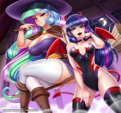 Rule 34 | 2girls, boots, breasts, broom, celestia (my little pony), clothes, costume, demon girl, fangs, halloween, hat, large breasts, looking at viewer, moon, multiple girls, my little pony, my little pony: friendship is magic, nail polish, night, open mouth, racoon-kun, shoes, sitting, small breasts, smile, socks, thighhighs, twilight sparkle, window, witch