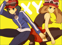 1boy 1girl black_boots black_hair black_shirt black_thighhighs blue_eyes blue_jacket boots brown_hair calem_(pokemon) copyright_name creatures_(company) game_freak hat himari_g_(sr) jacket long_hair nintendo pokemon pokemon_xy red_hat red_skirt serena_(pokemon) shirt skirt squatting thighhighs yellow_background