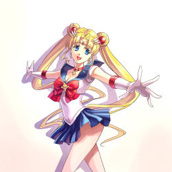 Rule 34 | 1girl, :d, bad id, bad pixiv id, bishoujo senshi sailor moon, blonde hair, blue eyes, blue sailor collar, blue skirt, bow, bowtie, breasts, chocofox, choker, cleavage, double bun, floating hair, gloves, hair bun, long hair, medium breasts, miniskirt, open mouth, outstretched arms, pleated skirt, red bow, red bowtie, sailor collar, sailor moon, sailor senshi uniform, shirt, simple background, skirt, sleeveless, sleeveless shirt, smile, solo, twintails, very long hair, white background, white gloves, white shirt