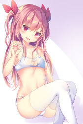 Rule 34 | 1girl, :d, bad id, bad pixiv id, bare arms, bare shoulders, bow, bow bra, bra, breasts, brown hair, cat cutout, cleavage, cleavage cutout, clothing cutout, collarbone, ears visible through hair, fangs, fingernails, hair ribbon, head tilt, highres, long hair, nail polish, navel, open mouth, original, panties, pink nails, red eyes, red ribbon, ribbon, sitting, sketch, small breasts, smile, solo, thighhighs, tsuruse, two side up, underwear, underwear only, very long hair, white bra, white panties, white thighhighs