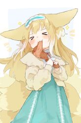 Rule 34 | &gt; &lt;, 1girl, animal ears, aqua skirt, arknights, biting, blonde hair, blue background, blush stickers, border, cardigan, chewing, chicken (food), chicken wing, closed eyes, commentary, cowboy shot, eating, excited, food, holding, holding food, long hair, long skirt, long sleeves, notice lines, open cardigan, open clothes, outside border, shirt, skirt, solo, sparkle, standing, suzuran (arknights), tail, unitedunti, white border, white shirt, yellow cardigan, yellow tail