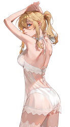 Rule 34 | 1girl, absurdres, backless outfit, bare arms, bare back, bare shoulders, blonde hair, blue eyes, breasts, commentary request, cowboy shot, genshin impact, highres, jean (genshin impact), large breasts, lingerie, long hair, looking at viewer, panties, parted lips, ponytail, see-through, sidelocks, simple background, solo, sssong aa, standing, thighs, underwear, white background, white panties