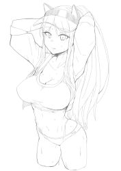 Rule 34 | 1girl, absurdres, arms up, attyon, bikini, breasts, cleavage, cropped legs, female focus, greyscale, hat, highres, jacket, kantai collection, large breasts, lineart, long hair, long sleeves, monochrome, official alternate costume, open clothes, open jacket, parted lips, simple background, sketch, solo, south dakota (kancolle), sweat, swimsuit, visor cap, white background