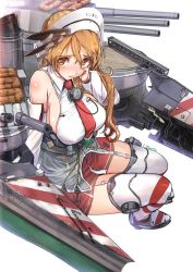 Rule 34 | 10s, 1girl, akasaai, bare shoulders, blush, breasts, brown eyes, brown hair, cannon, corset, detached sleeves, female focus, garter straps, hair between eyes, hair ornament, hat, kantai collection, large breasts, littorio (kancolle), long hair, looking at viewer, machinery, mecha musume, miniskirt, necktie, red skirt, sagging breasts, skirt, solo, striped clothes, striped thighhighs, thighhighs, zettai ryouiki
