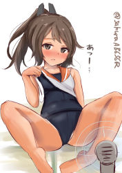 Rule 34 | 1girl, absurdres, barefoot, black one-piece swimsuit, blush, brown eyes, brown hair, cameltoe, clothes lift, commentary request, cowboy shot, electric fan, hair ornament, highres, i-401 (kancolle), kantai collection, legs, lifted by self, long hair, looking at viewer, one-hour drawing challenge, one-piece swimsuit, open mouth, orange sailor collar, ponytail, sailor collar, sakura ab, school swimsuit, shirt, shirt lift, side-tie shirt, simple background, sitting, sleeveless, sleeveless shirt, solo, spread legs, sweat, swimsuit, swimsuit under clothes, thighs, twitter username, white background