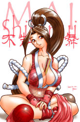 Rule 34 | 1girl, between breasts, breasts, folded fan, hand fan, fatal fury, folding fan, large breasts, long hair, revealing clothes, shiranui mai, sitting, snk, solo, the king of fighters