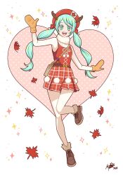 Rule 34 | :d, antlers, aqua hair, boots, canada, fur boots, hatsune miku, hatsune miku expo, heart, heart background, highres, horns, leaf, long hair, looking at viewer, maple leaf, mew shelle, mittens, open mouth, pom pom (clothes), reindeer antlers, sleeveless, smile, twintails, ugg boots, very long hair, vocaloid