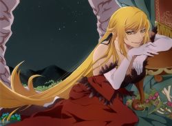 Rule 34 | 1girl, bare shoulders, black ribbon, blonde hair, breasts, cleavage, commentary request, dress, elbow gloves, feather-trimmed gloves, feather trim, gloves, hair ribbon, hanako-0001, kiss-shot acerola-orion heart-under-blade, kizumonogatari, large breasts, long hair, looking at viewer, matching hair/eyes, monogatari (series), night, night sky, onimonogatari, oshino shinobu, pointy ears, red dress, ribbon, sky, smile, solo, star (sky), starry sky, table, very long hair, white gloves, yellow eyes