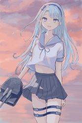 Rule 34 | 1girl, adapted turret, asymmetrical bangs, blue bow, blue hairband, bow, cannon, commentary request, cowboy shot, gradient sky, grey hair, grey ribbon, grey skirt, hairband, highres, kantai collection, long hair, orange sky, pleated skirt, purple eyes, sagiri (kancolle), school uniform, serafuku, short sleeves, skirt, sky, solo, standing, suihell, swept bangs, thigh strap, turret