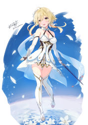 Rule 34 | 1girl, :d, absurdres, ahoge, bare shoulders, black gloves, blonde hair, blue sky, boots, breasts, cleavage, collarbone, commentary request, day, dress, flower, full body, genshin impact, gloves, hair between eyes, hair flower, hair ornament, highres, holding, holding sword, holding weapon, long hair, looking at viewer, lumine (genshin impact), medium breasts, ochinsama, open mouth, partially fingerless gloves, signature, sky, smile, solo, sword, thigh boots, twitter username, weapon, white dress, white flower, white footwear, yellow eyes