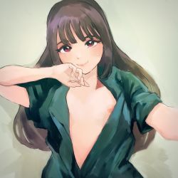 Rule 34 | 1girl, labotamochi, absurdres, character request, copyright request, female focus, flat chest, highres, long hair, looking at viewer, nipples, open clothes, red eyes, selfie, smile, solo