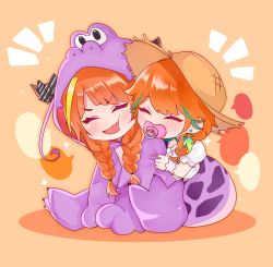 Rule 34 | 2girls, animal costume, arm hug, blonde hair, blush, bow, braid, chibi, closed eyes, dragon costume, dragon girl, dragon horns, dragon tail, earrings, fang, feather earrings, feathers, green hair, happy, hat, highres, hololive, hololive english, horns, hugging tail, jewelry, kiryu coco, long hair, medium hair, multicolored hair, multiple girls, nostrils, official alternate costume, onesie, orange background, orange hair, pacifier, pajamas, shirt, simple background, sitting, straw hat, streaked hair, striped, striped bow, tail, tail wrap, takanashi kiara, takanashi kiara (casual), tera (trs82341711), twin braids, virtual youtuber, white shirt