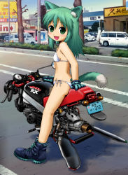 Rule 34 | 10s, 1girl, amatsuka mao, animal ears, animal hands, bell, bikini, boots, brown eyes, car, cat ears, cat paws, cat tail, fang, gj-bu, gloves, green eyes, green hair, highres, hover bike, jingle bell, lawson, long hair, matching hair/eyes, motor vehicle, on vehicle, orange hair, original, pappii (paprika shikiso), real world location, shio no.9, solo, spread legs, swimsuit, tail, thighhighs, twintails, under-siege, vehicle, white bikini