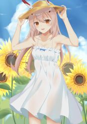 Rule 34 | 1girl, :d, adjusting clothes, adjusting headwear, alternate costume, alternate hairstyle, armpits, ayanami (azur lane), azur lane, bare shoulders, blue sky, blurry, casual, cloud, cloudy sky, collarbone, contemporary, day, depth of field, dress, flower, gekka (luna gekka), hair down, hair ornament, hairclip, hat, headgear, highres, long hair, looking at viewer, open mouth, orange eyes, retrofit (azur lane), see-through silhouette, shade, silver hair, sky, smile, solo, straw hat, summer, sunflower, white dress, wind