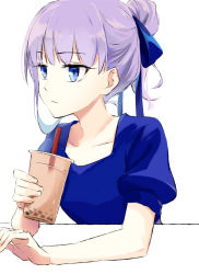 Rule 34 | 1girl, blue eyes, blue ribbon, blue shirt, blush, breasts, bubble tea, closed mouth, coffeekite, collarbone, cup, disposable cup, drinking straw, fate/extra, fate/extra ccc, fate (series), folded ponytail, hair ribbon, highres, holding, holding cup, long hair, looking away, looking to the side, meltryllis (fate), puffy short sleeves, puffy sleeves, purple hair, ribbon, shirt, short sleeves, simple background, small breasts, solo, upper body, white background